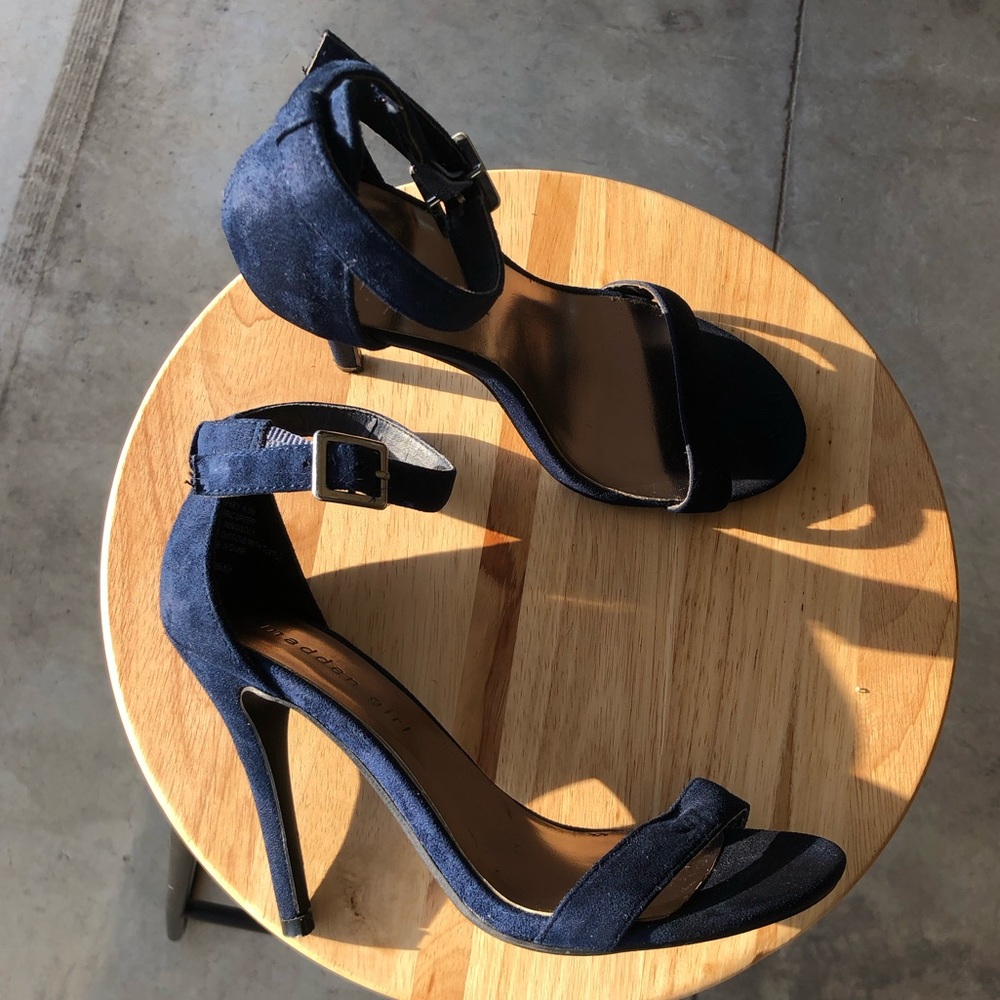 navy suede ankle strap heels